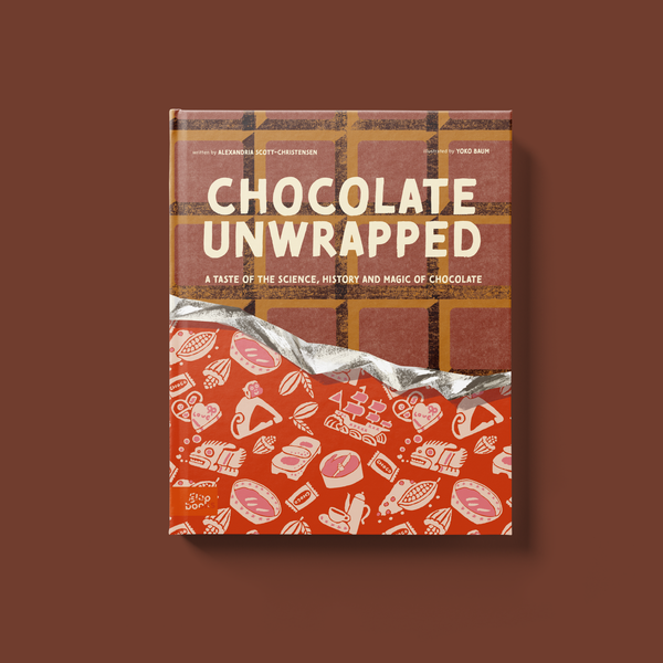 Kids Non-Fiction Picture Book titled 'Chocolate Unwrapped' with a brown and orange cover on a brown background