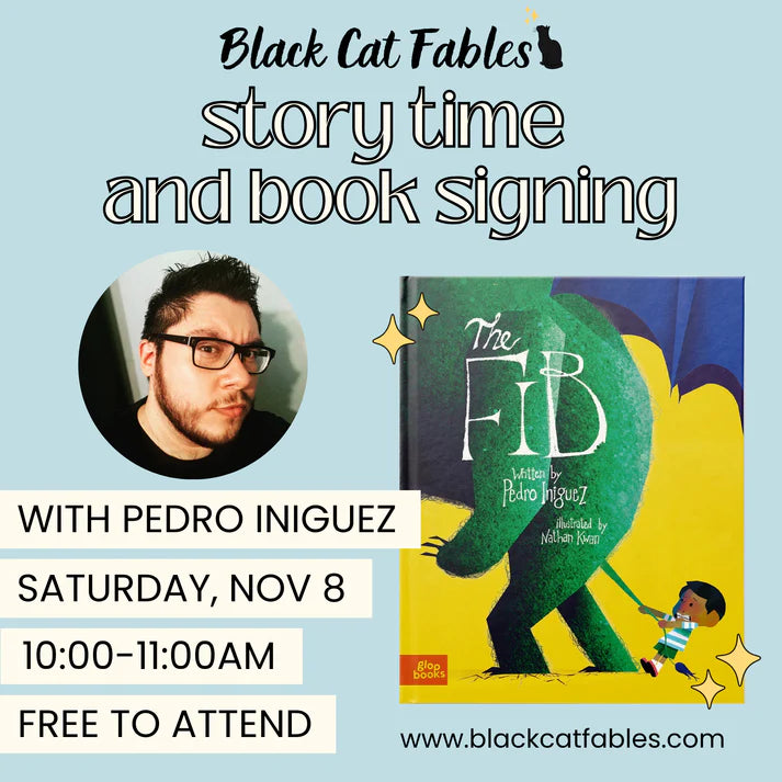Promotional flyer for a story time and book signing event with Pedro Iniguez, featuring a book cover and event details.