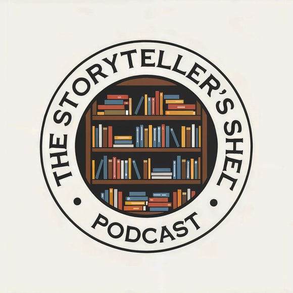Logo of 'The Storyteller's Shed Podcast' with a bookshelf illustration on a beige background.