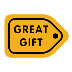 Yellow gift tag icon with a black string hole and the text "GREAT GIFT".