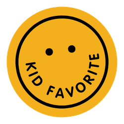Yellow circle with two dots for eyes and the text "KID FAVORITE" curving upwards to form a smile.