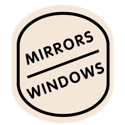 Beige oval badge with the text "MIRRORS" and "WINDOWS" separated by a diagonal black line.