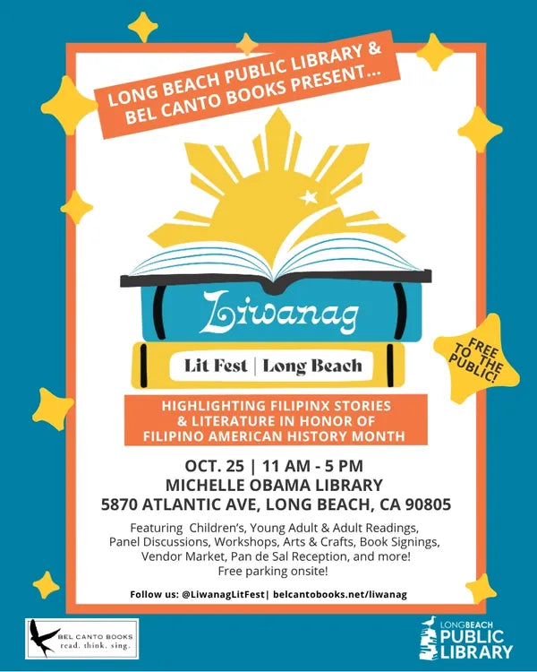 Promotional flyer for Livoanag Lit Fest Long Beach event at the Long Beach Public Library - Shelby Rabara Gloo Books author reading