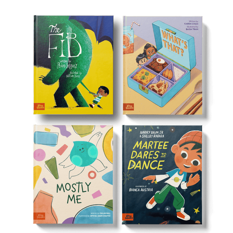 Four children's books with colorful covers on a white background